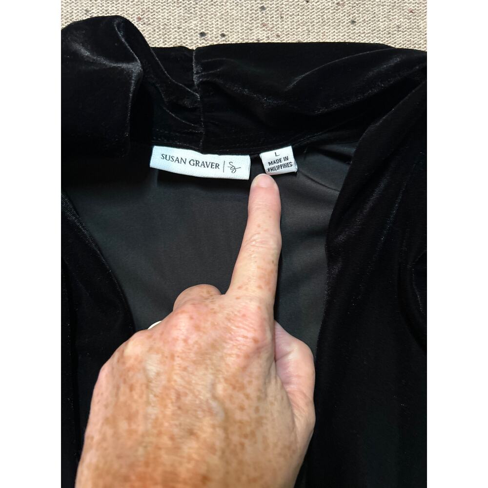 Susan Graver Velvet Open Drape Cardigan Women’s Black Large Scrunch Sleeve - Picture 2 of 7